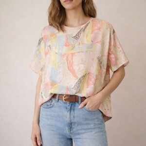 Vintage Annie Alexander 100% Silk Abstract Print Blouse- SML- Art Print Boxy Top